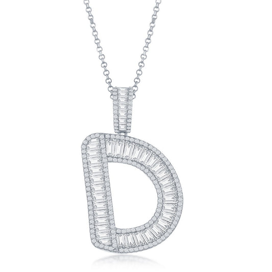 Sterling Silver Baguette CZ Extra Large D Initial Pendant With Chain