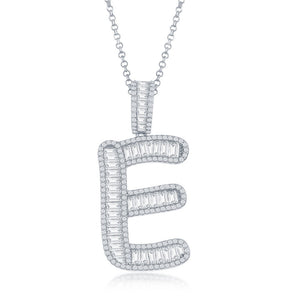 Sterling Silver Baguette CZ Extra Large E Initial Pendant With Chain