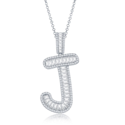 Sterling Silver Baguette CZ Extra Large J Initial Pendant With Chain