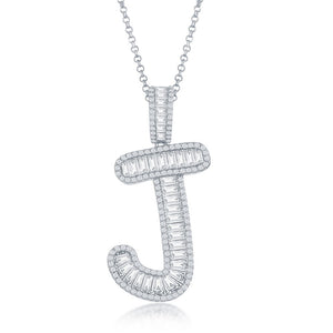 Sterling Silver Baguette CZ Extra Large J Initial Pendant With Chain