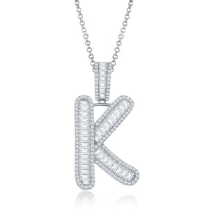 Sterling Silver Baguette CZ Extra Large K Initial Pendant With Chain