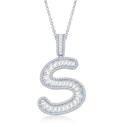 Sterling Silver Baguette CZ Extra Large S Initial Pendant With Chain