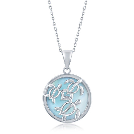 Sterling Silver Round Larimar Turtles Pendant