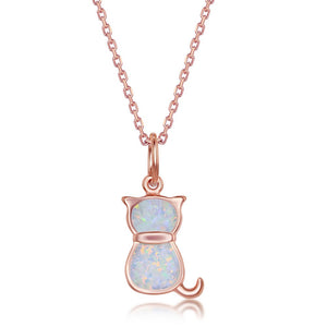 Sterling Silver Petite White Inlay Opal Cat Pendant - Rose Gold Plated