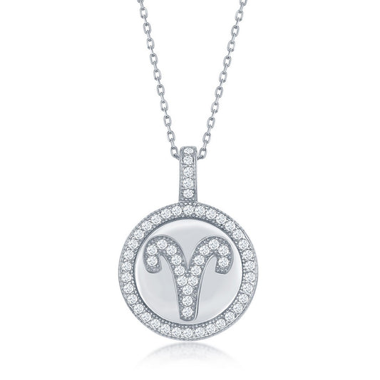 Sterling Silver Micro Pave Aries Zodiac Disc Pendant With Chain