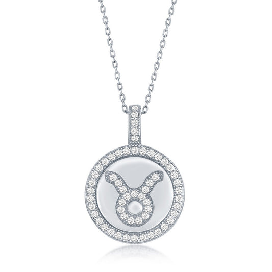 Sterling Silver Micro Pave Taurus Zodiac Disc Pendant With  Chain