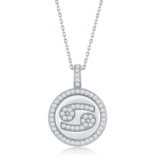 Sterling Silver Micro Pave Cancer Zodiac Disc Pendant With  Chain
