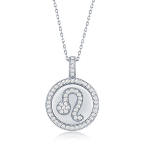 Sterling Silver Micro Pave Leo Zodiac Disc Pendant With  Chain