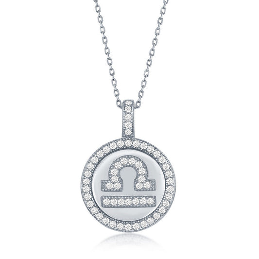 Sterling Silver Micro Pave Libra Zodiac Disc Pendant With  Chain