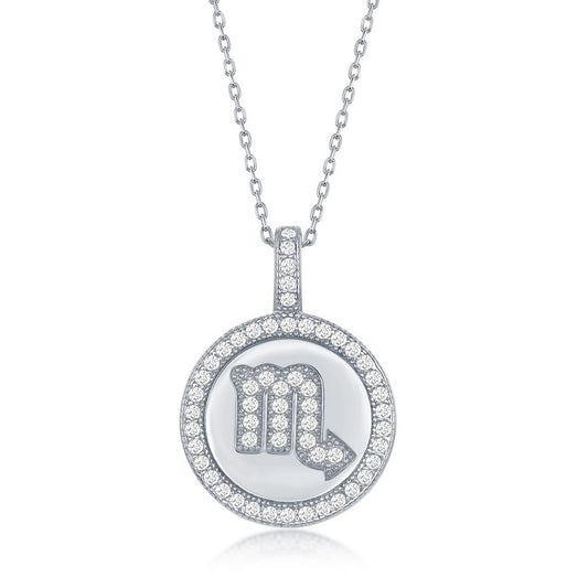 Sterling Silver Micro Pave Scorpio Zodiac Disc Pendant With  Chain