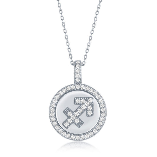 Sterling Silver Micro Pave Sagittarius Zodiac Disc Pendant With  Chain
