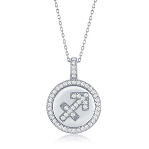 Sterling Silver Micro Pave Sagittarius Zodiac Disc Pendant With  Chain