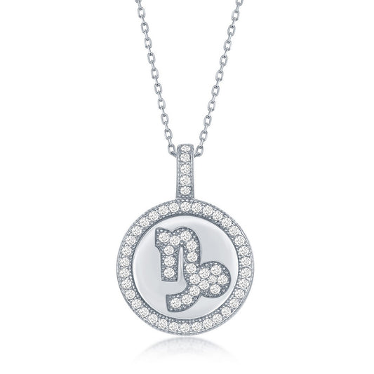 Sterling Silver Micro Pave Capricorn Zodiac Disc Pendant With  Chain