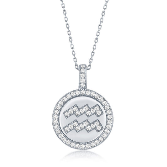 Sterling Silver Micro Pave Aquarius Zodiac Disc Pendant With  Chain