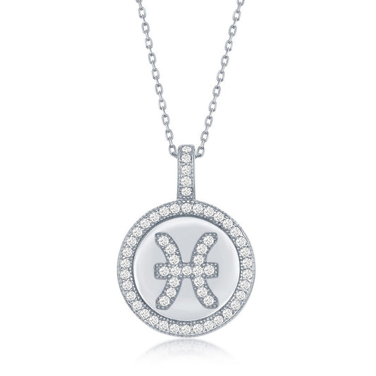 Sterling Silver Micro Pave Pisces Zodiac Disc Pendant With  Chain