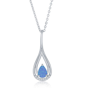 Sterling Silver Blue Opal Pearshaped With CZ Pendant
