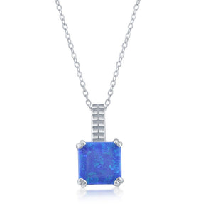 Sterling Silver Beaded Prong Square Blue Opal Pendant