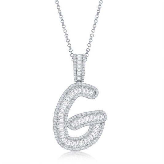 Sterling Silver Baguette CZ Extra Large G Initial Pendant With Chain