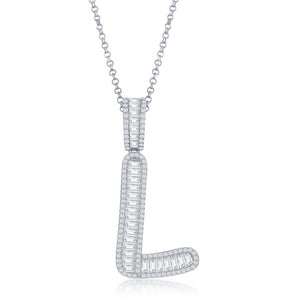 Sterling Silver Baguette CZ Extra Large  L Initial Pendant With Chain