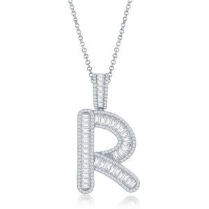 Sterling Silver Baguette CZ Extra Large R Initial Pendant With Chain