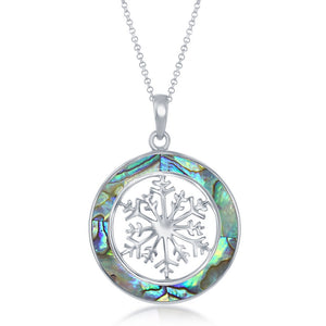 Sterling Silver Snowflake Round Pendant With Chain - Abalone