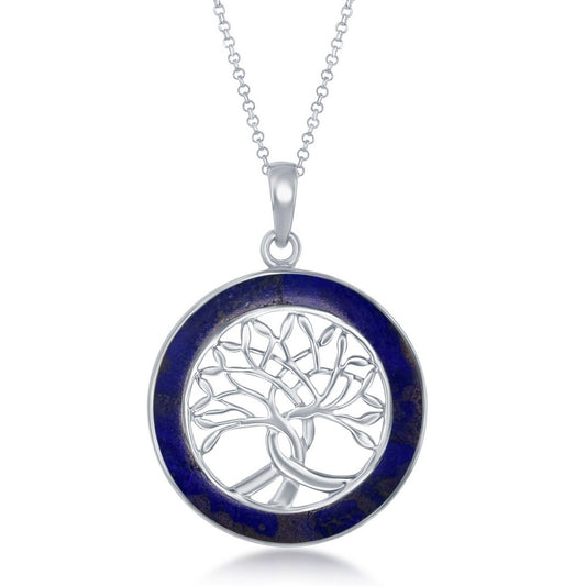 Sterling Silver Tree of Life Round Pendant With Chain - Lapis