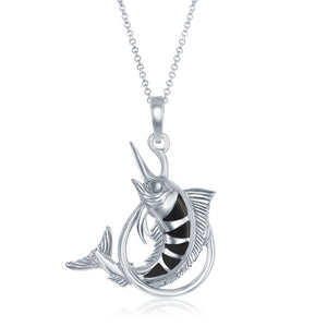 Sterling Silver Jumping Blue Marlin Fish Pendant - Onyx