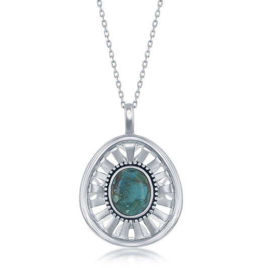 Sterling Silver Oval Turquoise Open Desigsned Back Oxidized Pendant
