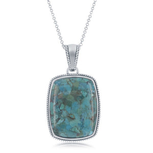 Sterling Silver Turquoise Oxidized Rope Design Border Rectangle Pendant With Chain