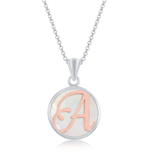 Sterling Silver MOP Pendant, Rose Gold A Script Initial With Chain