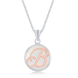 Sterling Silver MOP Pendant, Rose Gold B Script Initial With Chain
