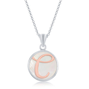 Sterling Silver MOP Pendant, Rose Gold C Script Initial With Chain