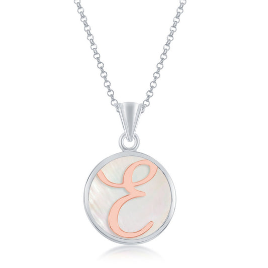 Sterling Silver MOP Pendant, Rose Gold E Script Initial With Chain
