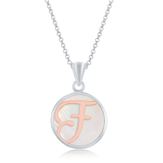 Sterling Silver MOP Pendant, Rose Gold F Script Initial With Chain