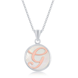 Sterling Silver MOP Pendant, Rose Gold G Script Initial With Chain