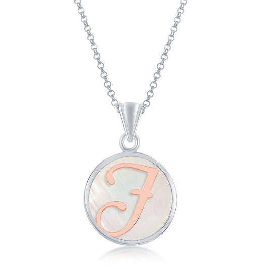 Sterling Silver MOP Pendant, Rose Gold J Script Initial With Chain