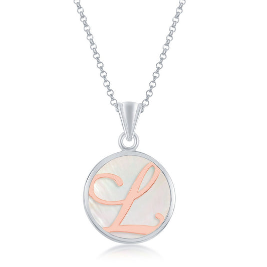 Sterling Silver MOP Pendant, Rose Gold L Script Initial With Chain
