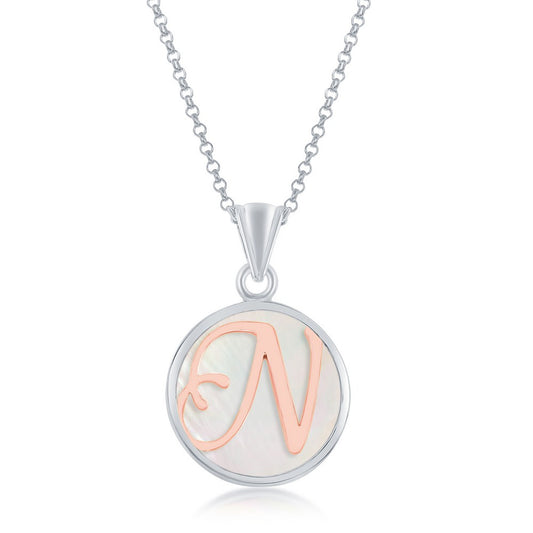 Sterling Silver MOP Pendant, Rose Gold N Script Initial With Chain