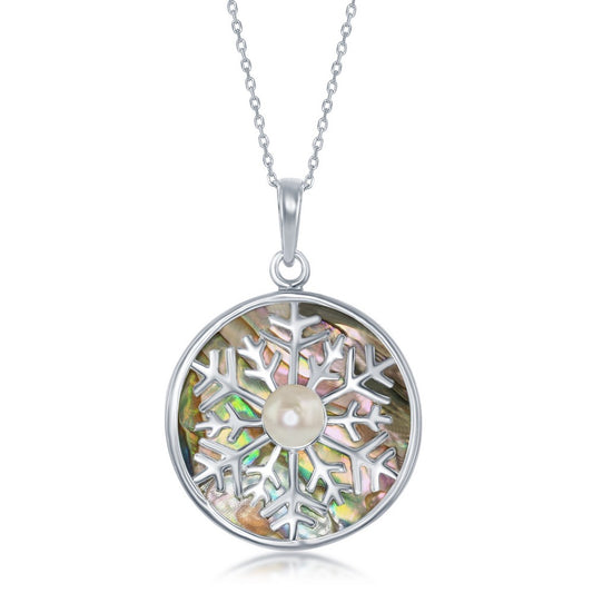 Serling Silver Round Abalone Snowflake with Center Freshwater Pearl Pendant With chain