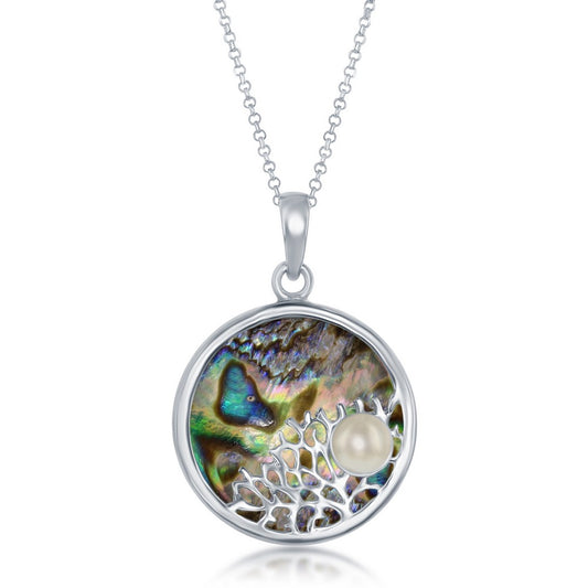 Sterling Silver Round Abalone Tree Branch with Freshwater Pearl Pendant With chain