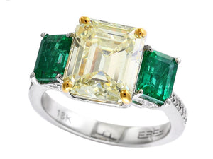 EFFY 18K WHITE GOLD DIAMOND,NATURAL YELLOW DIAMOND,NATURAL EMERALD RING