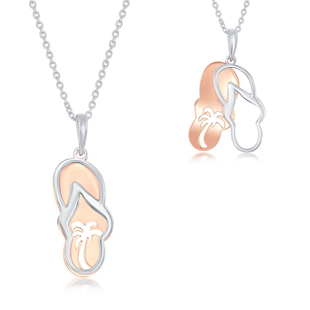 Sterling Silver Two-Tone Flip Flop with Palm Tree Cut-out Necklace