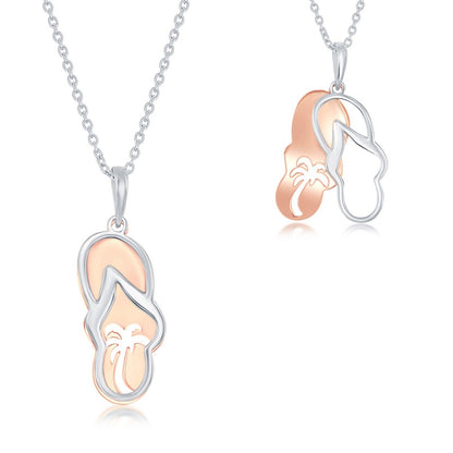 Sterling Silver Two-Tone Flip Flop with Palm Tree Cut-out Necklace