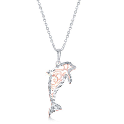 Stelring Silver Two-Tone Fancy Design Dolphin With  Diamond-Cut Border Necklace