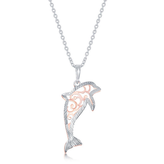 Stelring Silver Two-Tone Fancy Design Dolphin With  Diamond-Cut Border Necklace