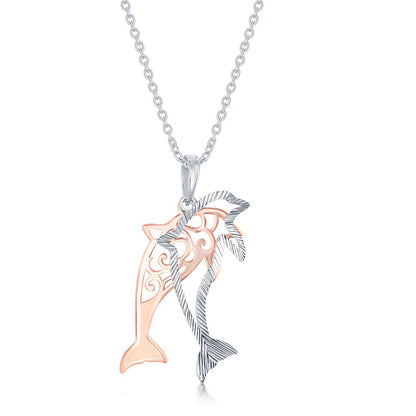 Stelring Silver Two-Tone Fancy Design Dolphin With  Diamond-Cut Border Necklace