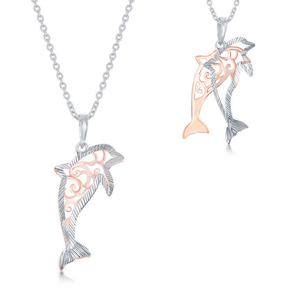 Stelring Silver Two-Tone Fancy Design Dolphin With  Diamond-Cut Border Necklace
