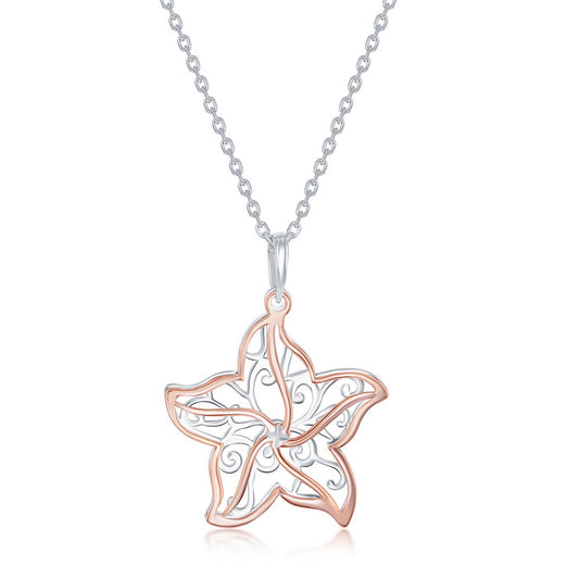 Sterling Silver Two-Tone Facny Cut-Out Starfish Necklace