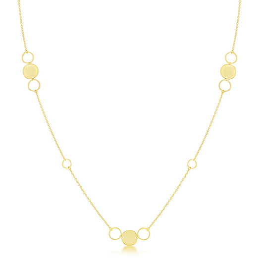 Sterling Silver Gold Plated Alternating Polished & Open Disc Necklace