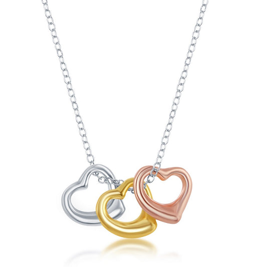 Sterling Silver Puffed Tripple Hearts Necklace - Tri Color